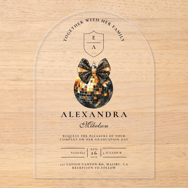 Invitaciones Acrílicas Partido de graduación de Black Bow Disco Ball (Anverso)