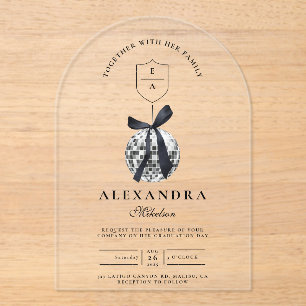 Invitaciones Acrílicas Partido de graduación de Black Bow Disco Ball