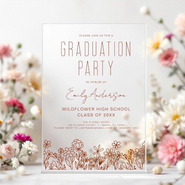 Invitaciones Acrílicas Partido de Graduación de Flor Silvestre Boho (Subido por el creador)