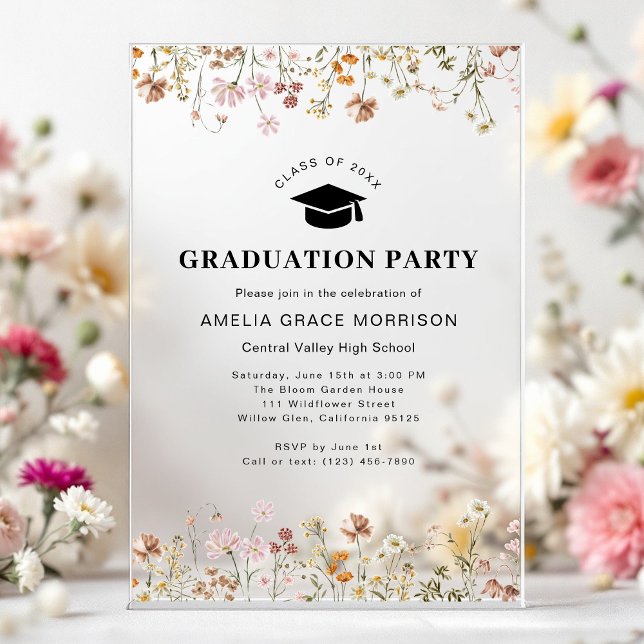 Invitaciones Acrílicas Partido de Graduación de Flor Silvestre Boho Bloom (Subido por el creador)