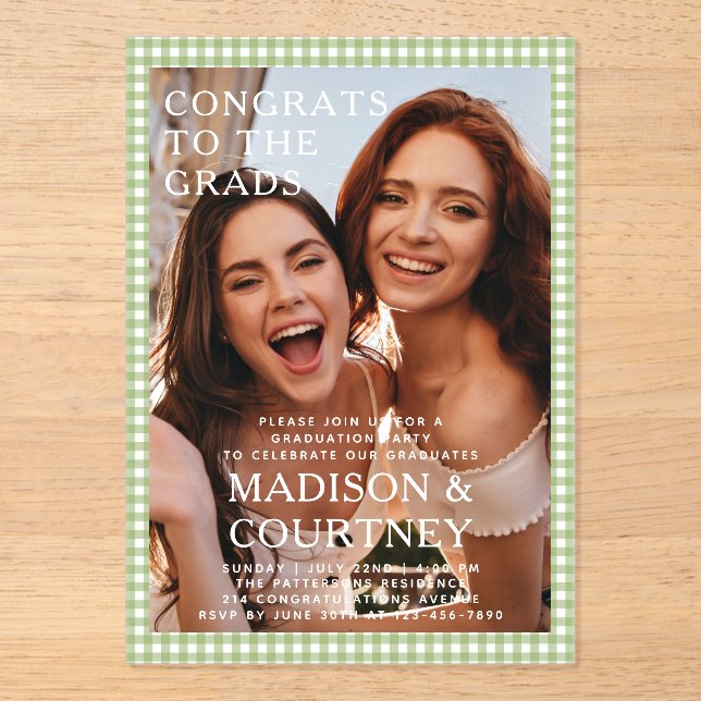 Invitaciones Acrílicas Partido de Graduación de Fotografía de Gingham Ver (Anverso)