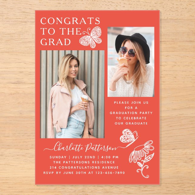 Invitaciones Acrílicas Partido de graduación de fotos de mariposa blanca  (Anverso)
