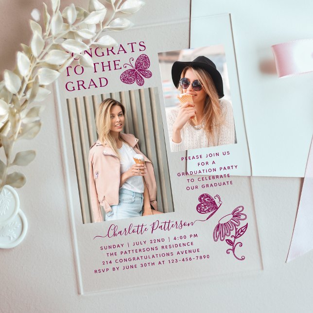Invitaciones Acrílicas Partido de Graduación de Fotos de Mariposa Moderna (Subido por el creador)