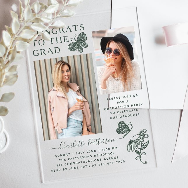 Invitaciones Acrílicas Partido de Graduación de Fotos de Mariposa Verde M (Subido por el creador)