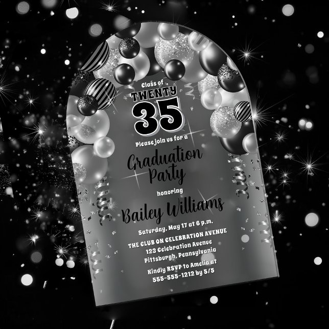 Invitaciones Acrílicas Partido de Graduación de Globos de Plata Negra (Black and Silver-Tone Balloons Class Year Graduation Party Acrylic Invitations)