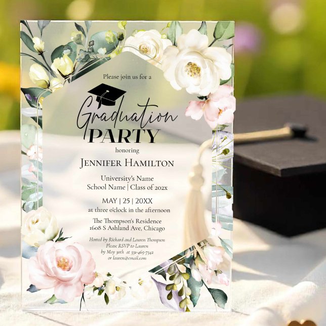 Invitaciones Acrílicas Partido de Graduación del Marco Floral de Boho Gre (Subido por el creador)