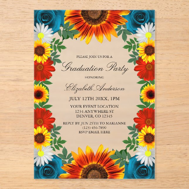Invitaciones Acrílicas Partido de Graduación Floral de Verano en el Patio (Anverso)