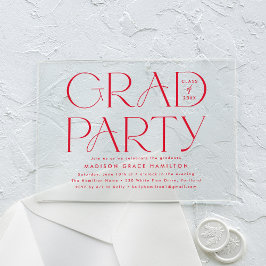 Invitaciones Acrílicas Partido de Graduación Moderno de Tipografía Roja