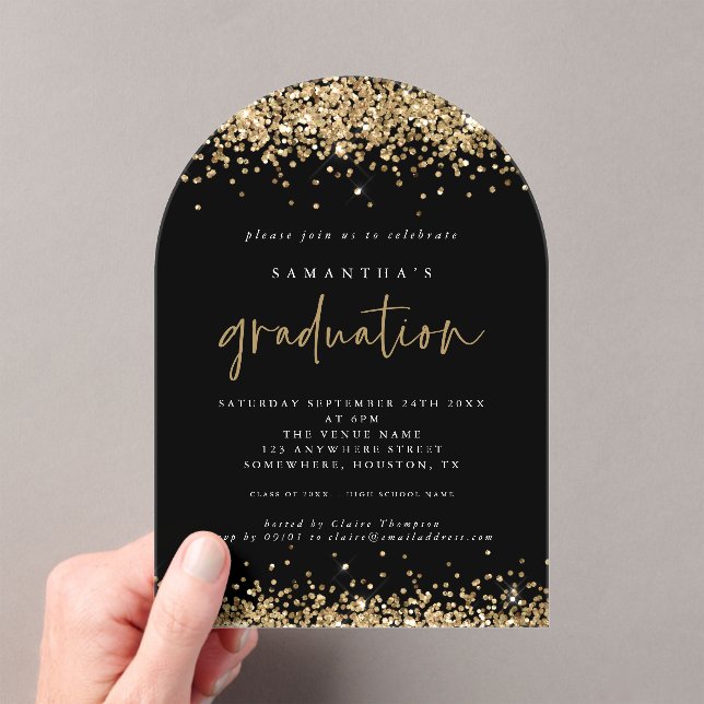 Invitaciones Acrílicas Partido de Graduación Negra del Purpurina Oro (Insitu (portátil))