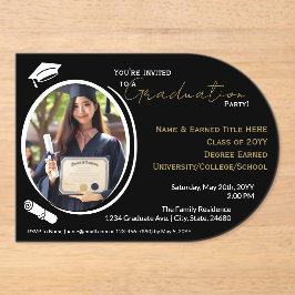 Invitaciones Acrílicas Partido de Graduación Negro, Blanco y Oro, Foto Gr