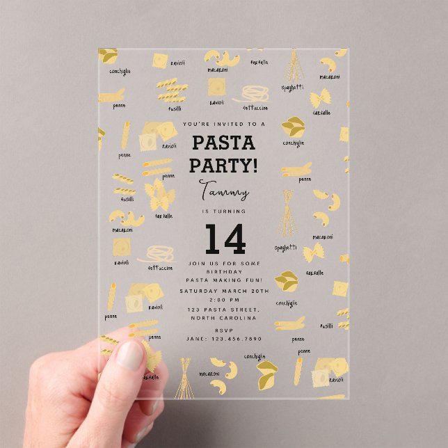 Invitaciones Acrílicas Pasta Italiana de Formas y Nombres de Pasta Cumple (Insitu (portátil))