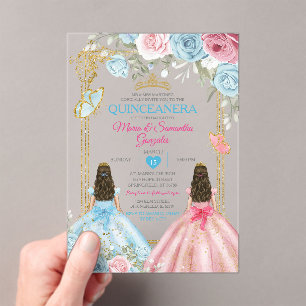 Invitaciones Acrílicas Pastel Azul Mariposa Rosa Floral Oro Quinceañera