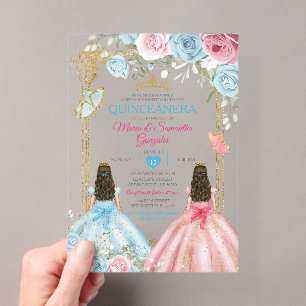 Invitaciones Acrílicas Pastel Azul Rosa Mariposa Floral Oro Quinceañera