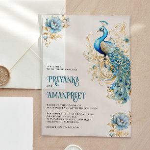 Invitaciones Acrílicas Pastel Blue Gold Floral Indian Peacock Boda