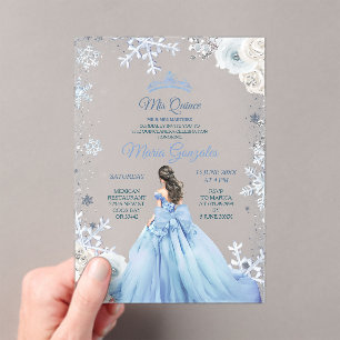 Invitaciones Acrílicas Pastel Blue Winter Nieve Floral Princesa Mis Quinc