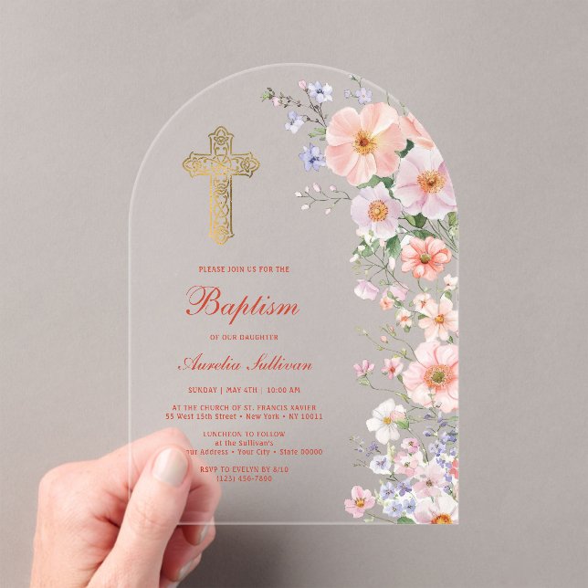Invitaciones Acrílicas Pastel de flores silvestres bautizo (Insitu (portátil))