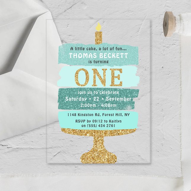 Invitaciones Acrílicas Pastel de Purpurina de Mint & Gold 1 cumpleaños (Subido por el creador)