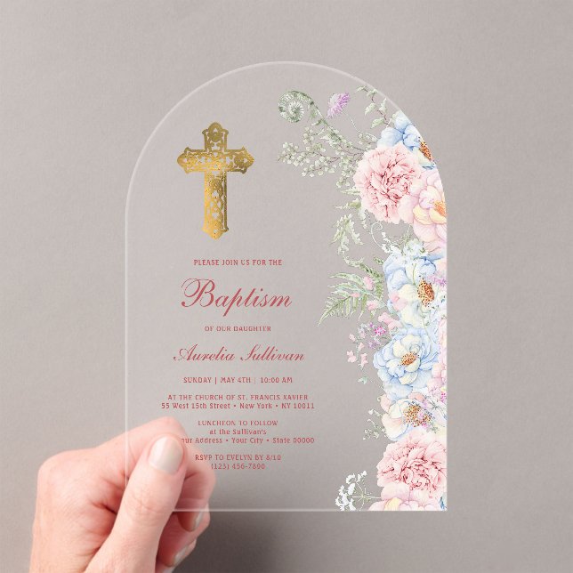 Invitaciones Acrílicas Pastel Peonies Arch Baptism (Insitu (portátil))