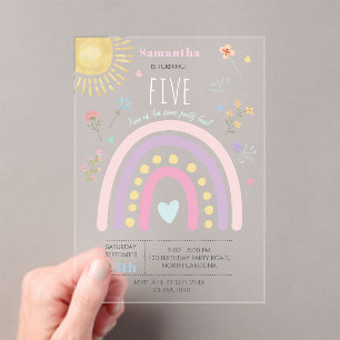 Invitaciones Acrílicas Pastel Rainbows Girly Wildflowers Corazones Cumple