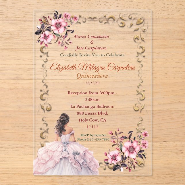 Invitaciones Acrílicas Pastel Rosewater Rubor Pink Quinceañera (Anverso)