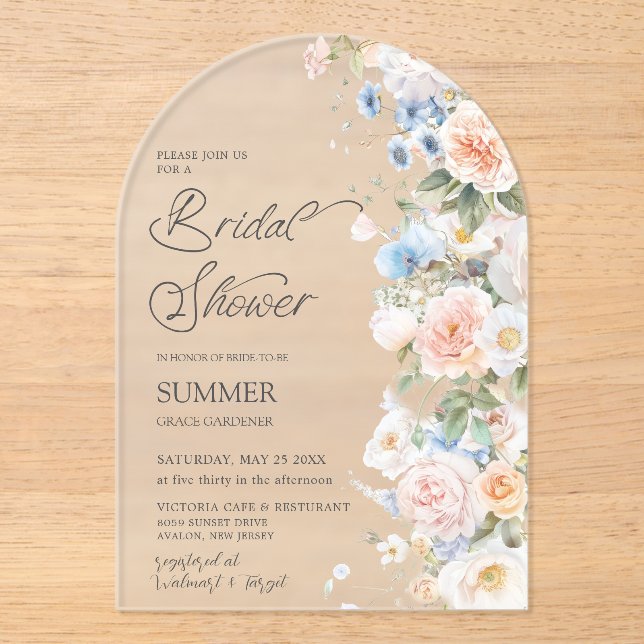 Invitaciones Acrílicas Pastel Rubor White Floral Bridal Bridal Shower Arc (Anverso)