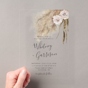 Invitaciones Acrílicas Pasto de Pampas Floral de Boda Rosa