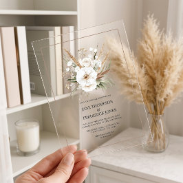 Invitaciones Acrílicas Pasto Pampas Rústico Floral Blanco Bohemio Boda