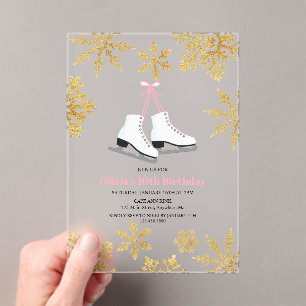 Invitaciones Acrílicas Patinaje artístico rosa dorado copo de nieve cumpl