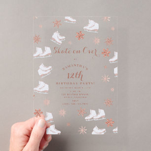Invitaciones Acrílicas Patines de hielo de oro rosa Cumpleaños de patinaj