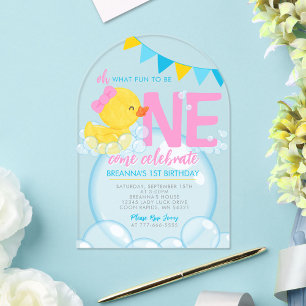 Invitaciones Acrílicas Pato de goma de acuarela de niña cumpleaños 1 únic