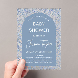 Invitaciones Acrílicas Patrón floral Blue Baby Shower Boy Arch