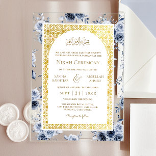 Invitaciones Acrílicas Patrón Musulmán de Boda Floral Azul Polvoriento Do
