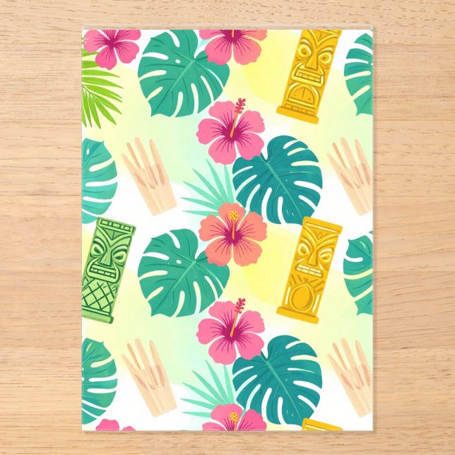 Invitaciones Acrílicas Patrón Tropical Hawaiano Tiki para Bodas Fiestas (Anverso)