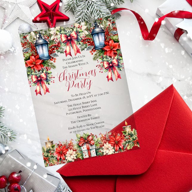 Invitaciones Acrílicas Patrones elegantes | Fiesta de Navidades Florales  (Vintage Elegant Lanterns and Candles, Poinsettias, Holly and Berries Floral Christmas Party Invite)
