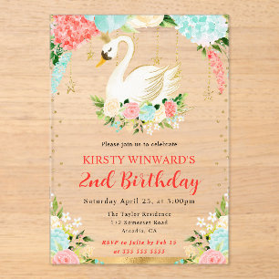 Invitaciones Acrílicas Peach and Mint Flowe Swan Cumpleaños