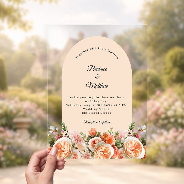 Invitaciones Acrílicas Peach blush florals arch clear wedding (Subido por el creador)