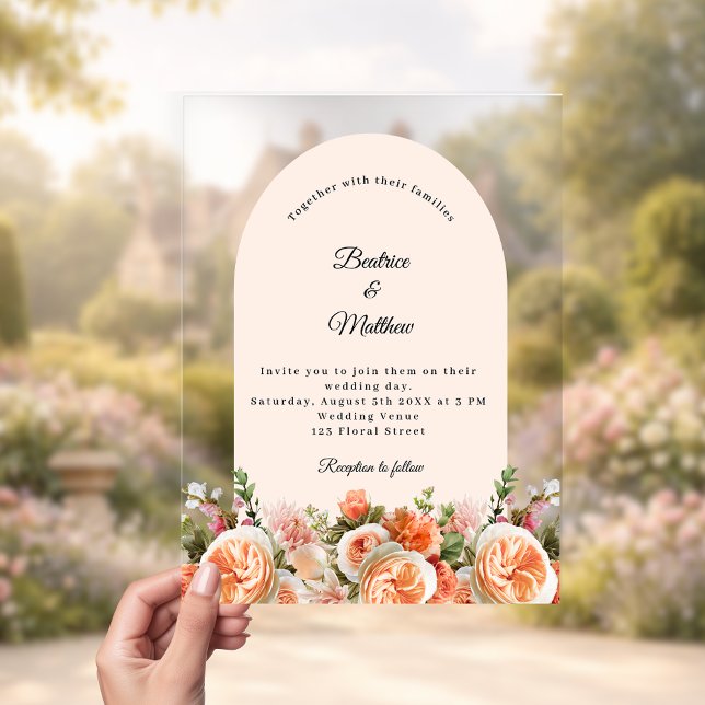 Invitaciones Acrílicas Peach blush ivory florals arch clear wedding (Subido por el creador)