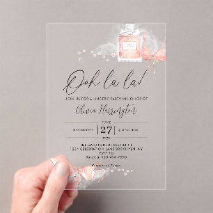 Invitaciones Acrílicas Peach Blush Ooh la la Lencería Despedida de Solter