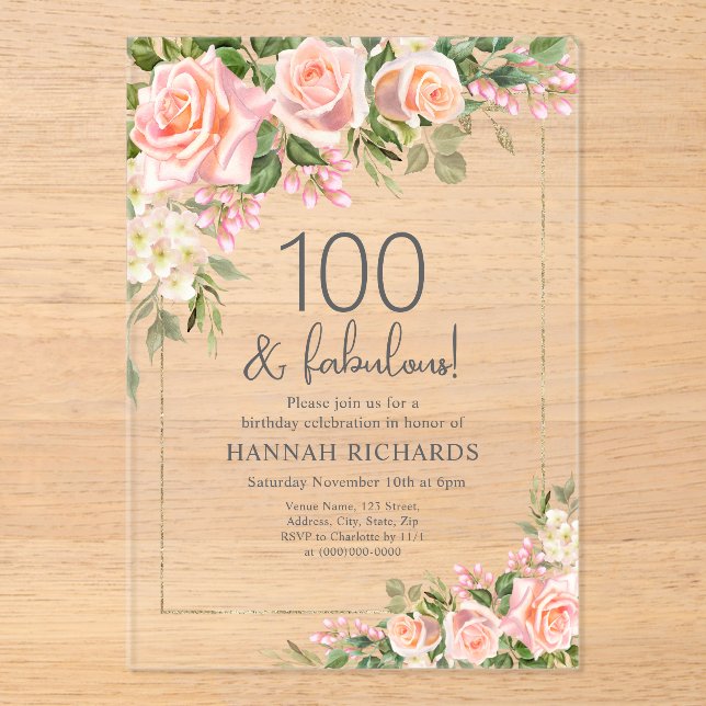 Invitaciones Acrílicas Peach Feminine | Floral de rosas rosadas 100 cumpl (Anverso)