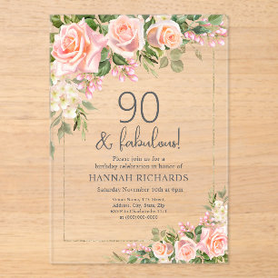 Invitaciones Acrílicas Peach Feminine   Floral rosa 90 cumpleaños