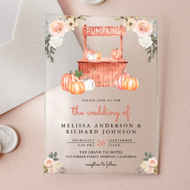 Invitaciones Acrílicas Peach Floral Pumpkin Market Wedding (Subido por el creador)
