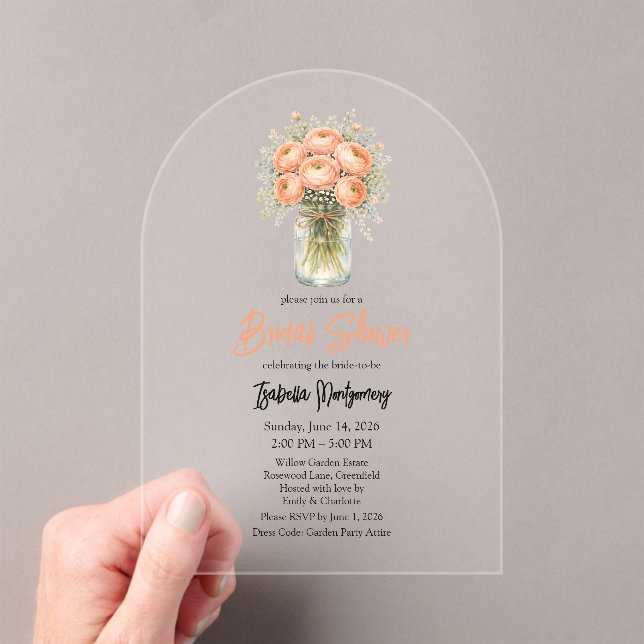 Invitaciones Acrílicas Peach Palette Ranunculus Mason Jar Bridal Shower (Insitu (portátil))