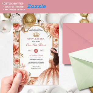 Invitaciones Acrílicas Peach Rosa Gold Quinceañera Vestido Floral Quince