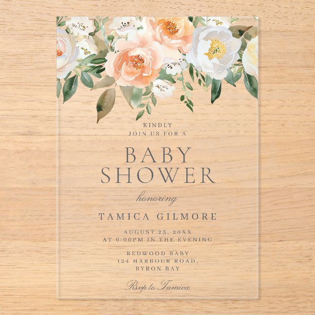 Invitaciones Acrílicas Peaches y Cream Floral Spring Baby Shower (Anverso)