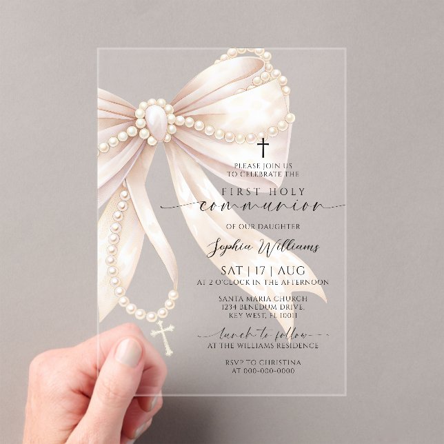 Invitaciones Acrílicas Pearl Rosary Bow First Holy Communion (Insitu (portátil))