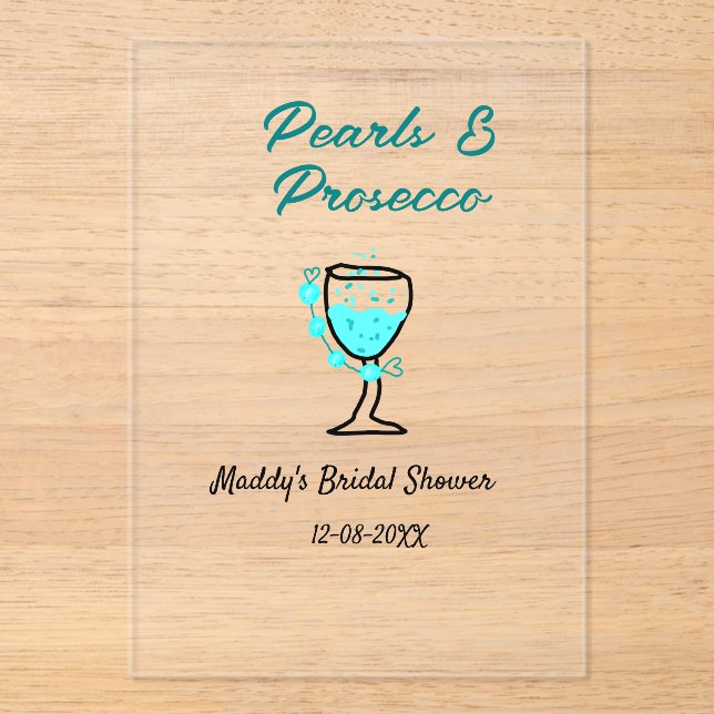 Invitaciones Acrílicas Pearls and prosecco bridal shower blue black name  (Anverso)
