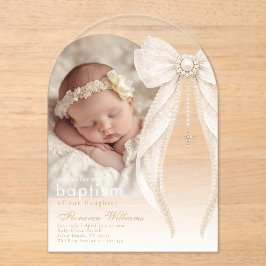 Invitaciones Acrílicas Pearls Bow Ivory elegant Arch Photo Baptism