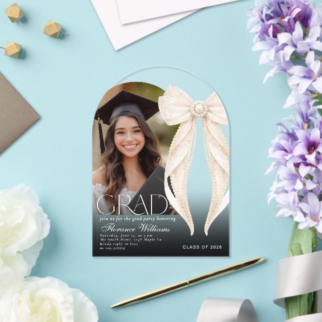 Invitaciones Acrílicas Pearls  Bow ivory Graduation party Arch Photo (Insitu (Boda))