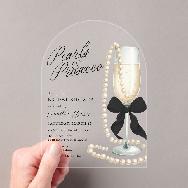 Invitaciones Acrílicas Pearls & Prosecco Black Bow Bridal Shower (Insitu (portátil))