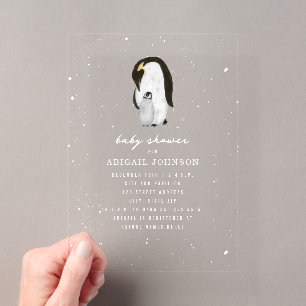 Invitaciones Acrílicas Penguin Mama y Baby Shower Invierno Nieve Neutral